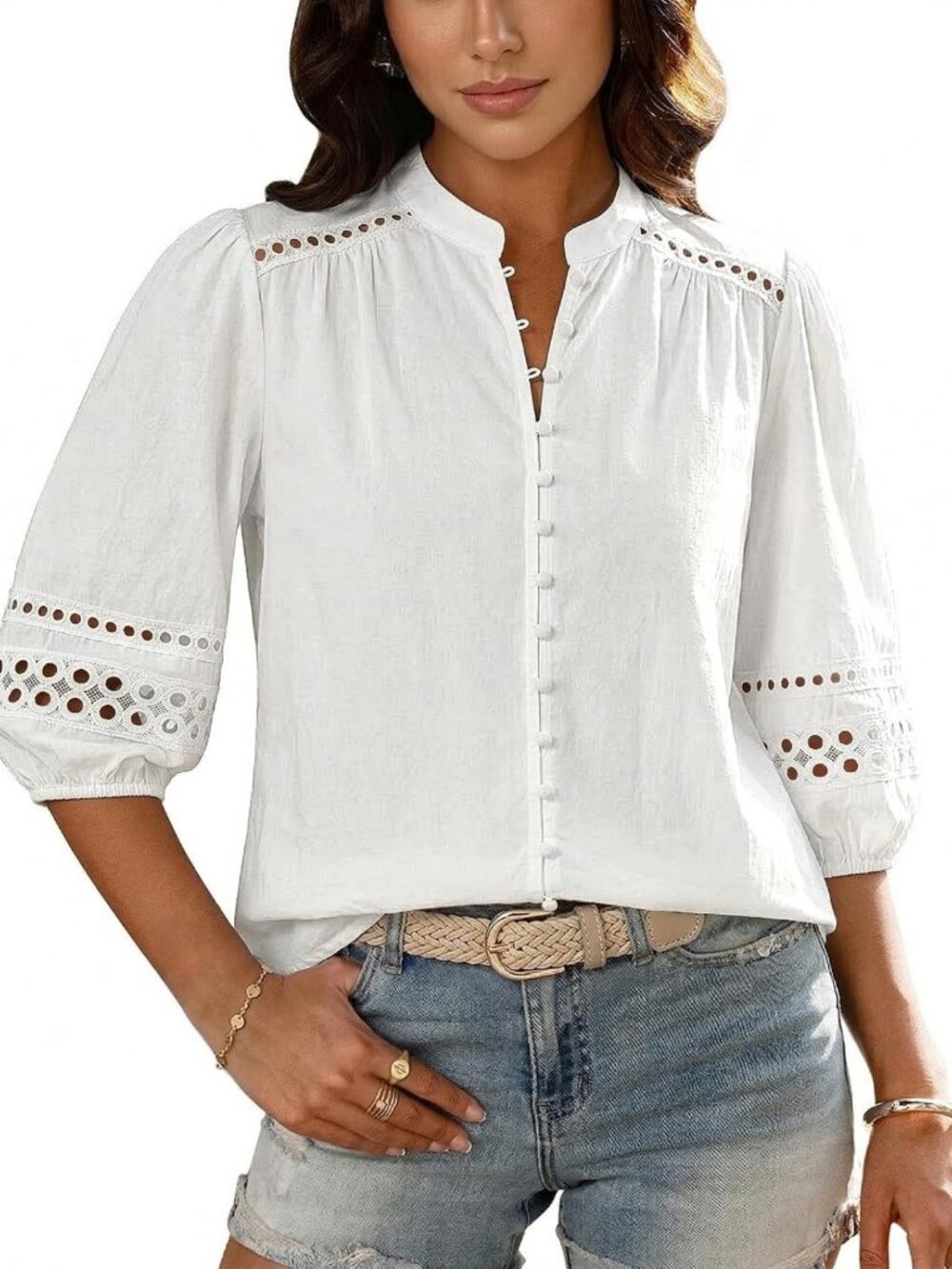 Stylish Women's Button Down Shirt with 3/4 Puff Sleeves - Dressy Casual Summer